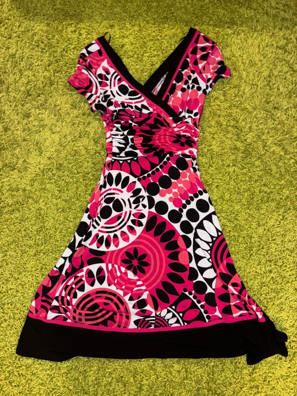 Pink Black White Floral Print Wrap Dress